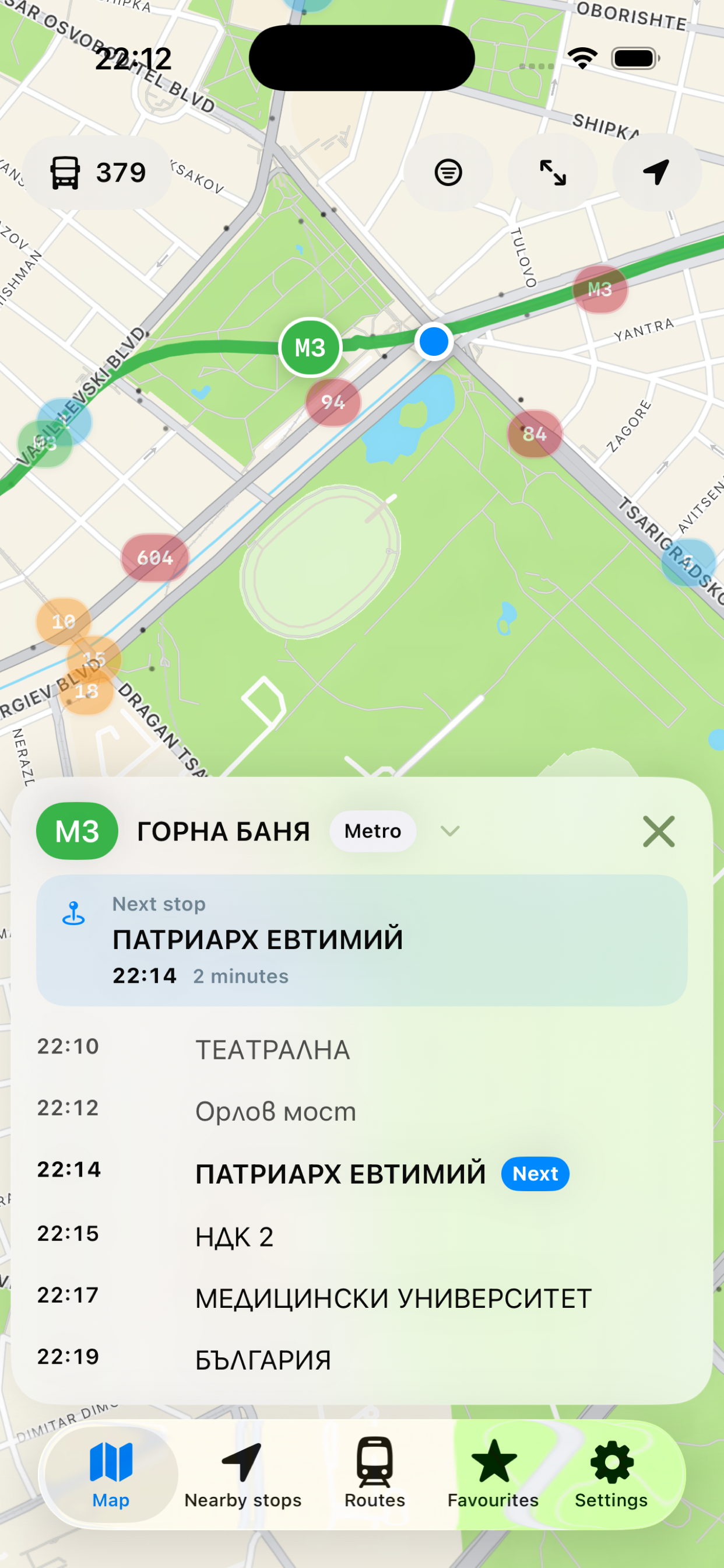 Live map with metro stop detail