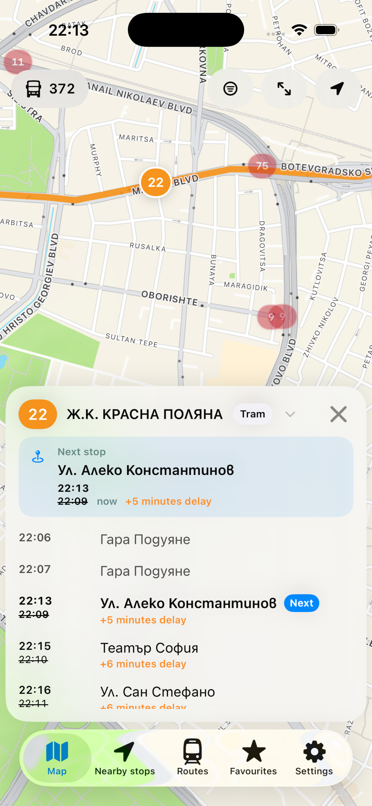 Tram route with real-time delay